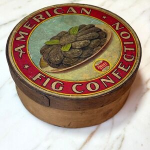 Antique American Fig Confections Wooden Pantry Box with Lid, Necco Sweets 1900s